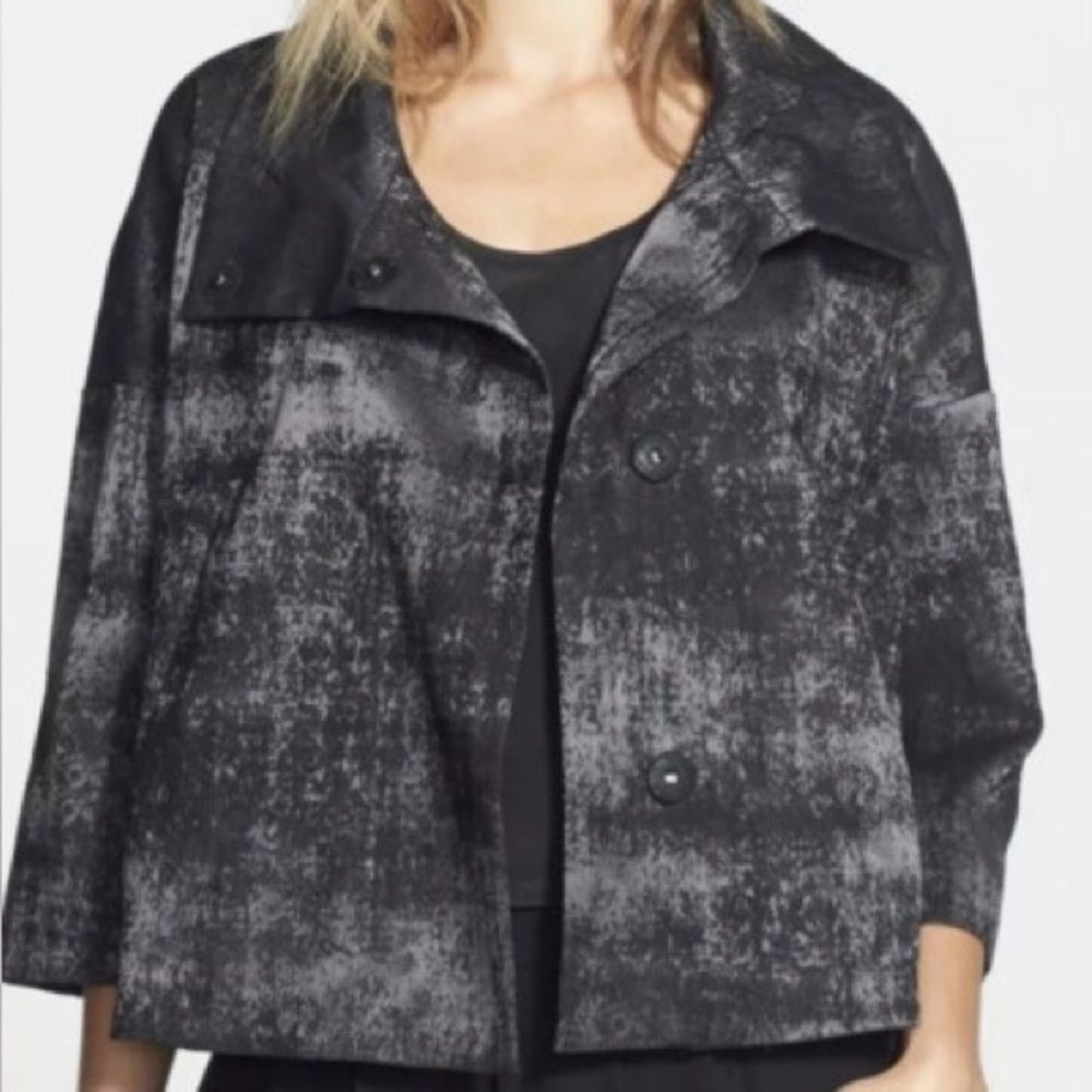 NWOT Eileen Fisher Marbled Grey Black Grandeur Jacquard Jacket Snap-Front SZ M